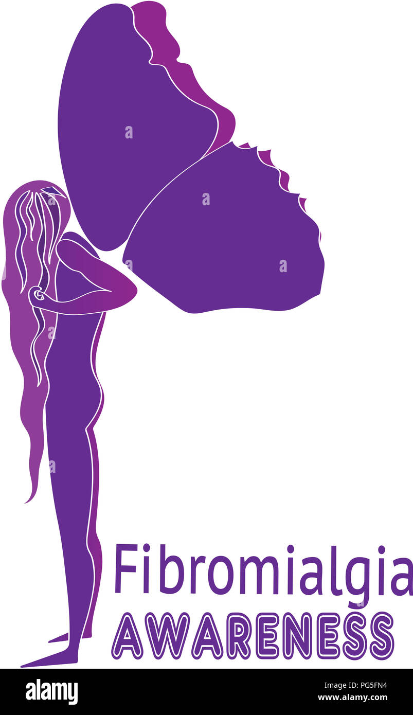 Fibromyalgia Awareness. Purple woman silhouette  with heavy  purple butterfly wings, symbol of fibromyalgia, chronic pain, chronic fatigue syndrome an Stock Photo