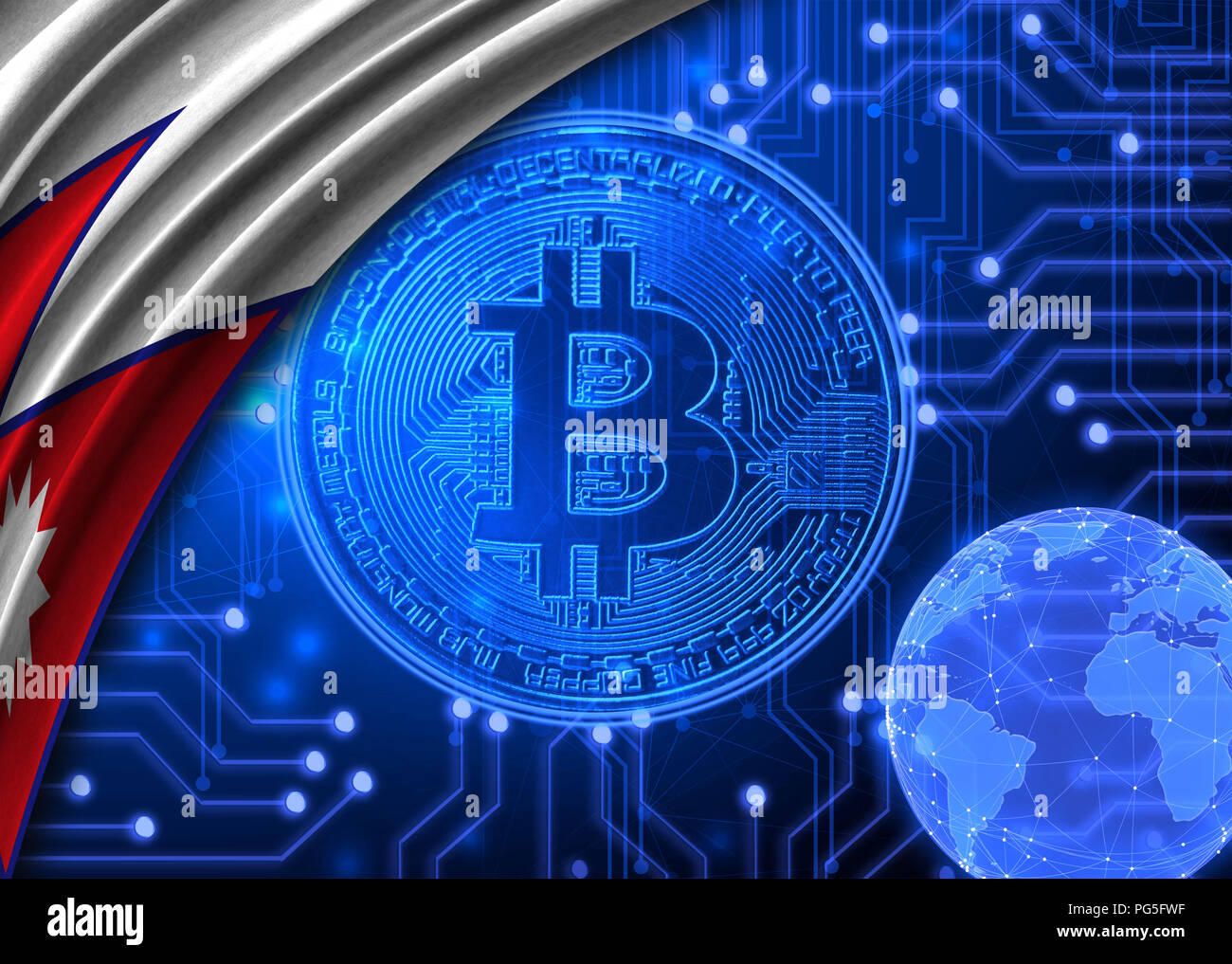 Flag of Nepal is shown against the background of crypto currency bitcoin.  Global world crypto currency-bitcoin. Shows the current exchange rate,  fluct Stock Photo - Alamy