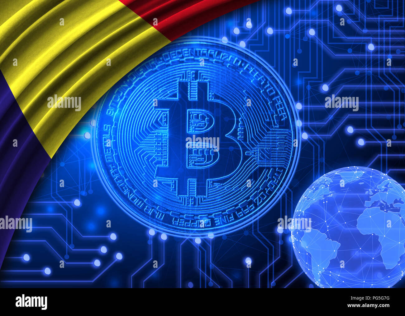 Flag of Romania is shown against the background of crypto currency bitcoin.  Global world crypto currency-bitcoin. Shows the current exchange rate, flu  Stock Photo - Alamy
