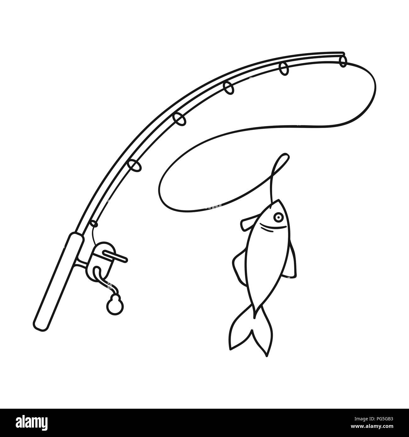 Fishing rod and fish icon in outline design isolated on white