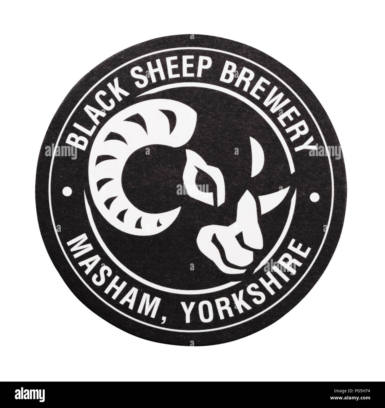 LONDON, UK - AUGUST 22, 2018: Black Sheep Brewery beer beermat coaster isolated on white background. Stock Photo