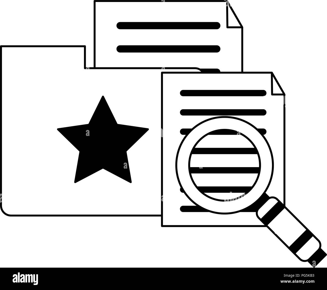 Magnifying glass on folder with documents in black and white Stock ...