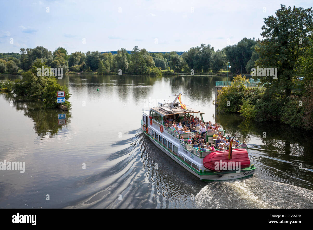 excursion boat on the river Ruhr in Muelheim, Ruhr Area, Germany.  Ausflugsschiff auf der Ruhr in Muelheim an der Ruhr, Ruhrgebiet, Deutschland. Stock Photo