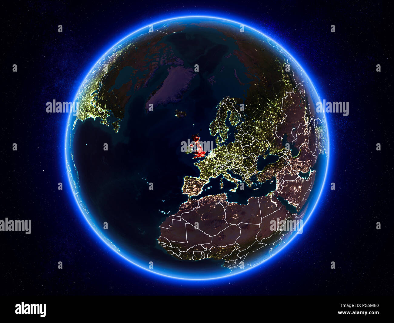 United Kingdom highlighted in red on planet Earth at night with visible ...