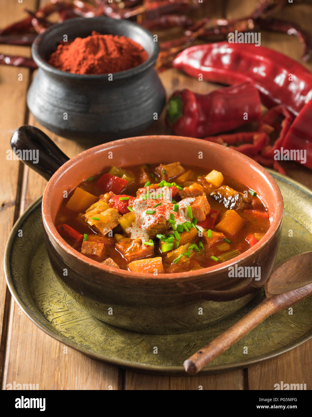 Goulash soup. Gulyásleves. Traditional Hungarian soup. Hungary Food Stock Photo