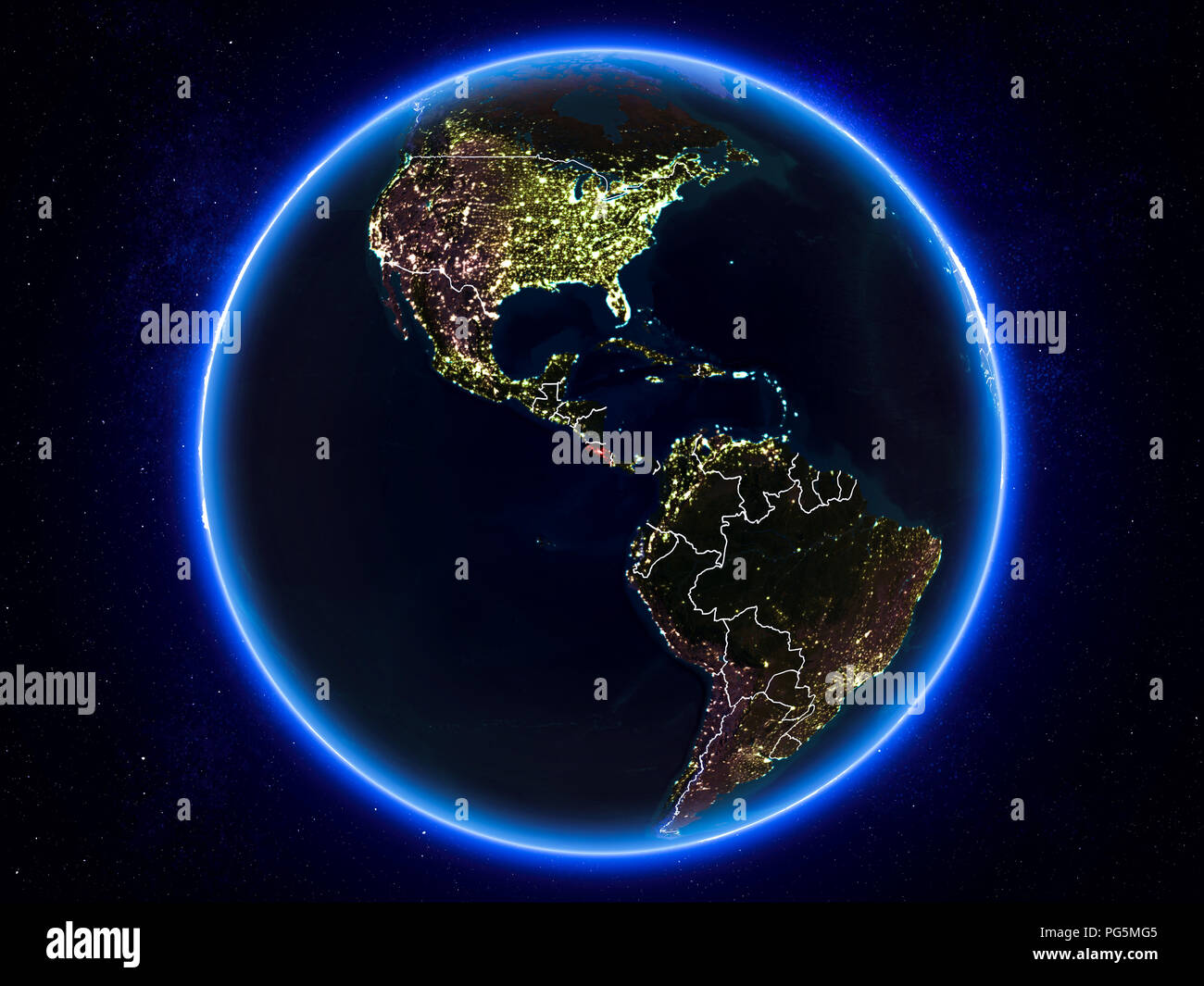 Costa Rica highlighted in red on planet Earth at night with visible ...