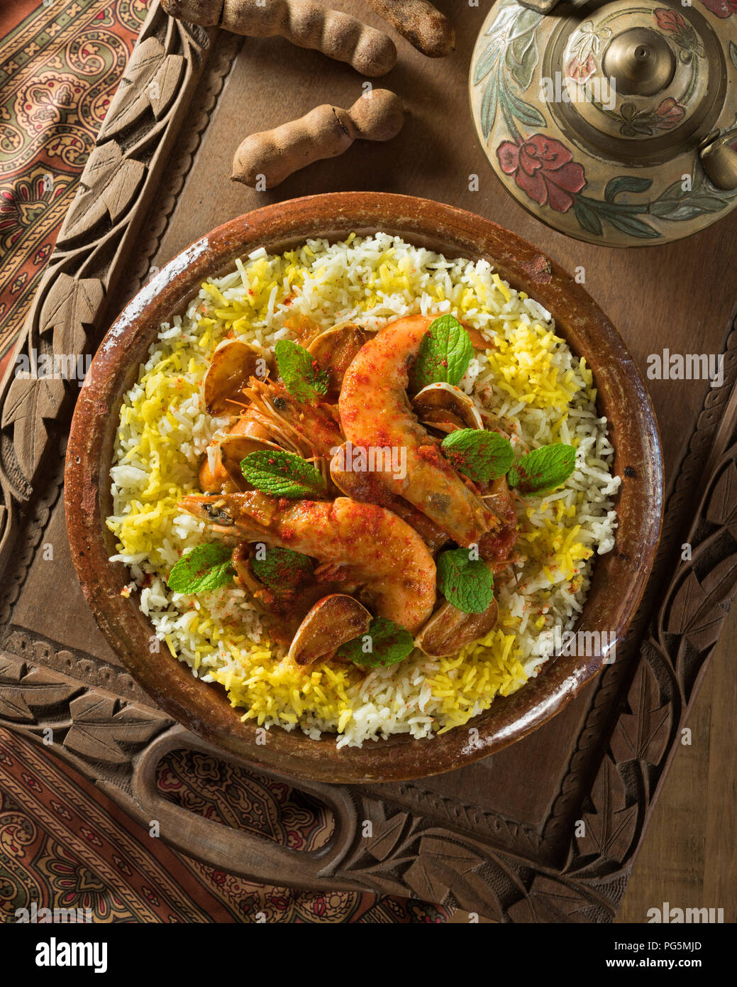 Ghalieh Maygu. Persian Gulf style shrimp with herbs and tamarind Stock Photo