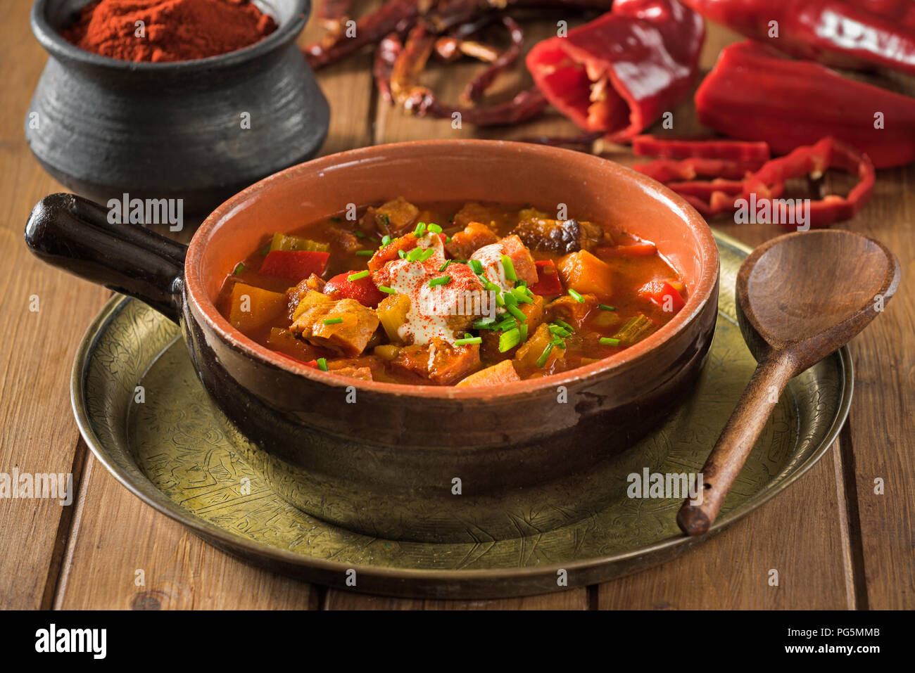 Goulash soup. Gulyásleves. Traditional Hungarian soup. Hungary Food Stock Photo