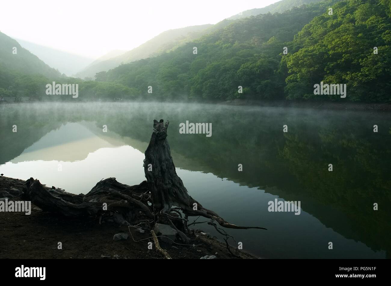 Jusanji with fog, lake used as a reservoir for agricultural water, Korea Stock Photo