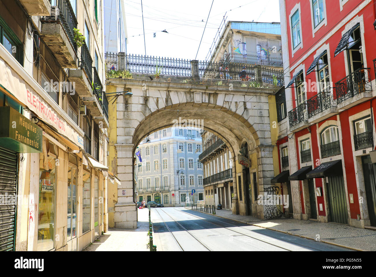 LISBON, PORTUGAL - JUNE 24, 2018: rua de S. Paulo street with viaduct gate way with tramline, Lisbon, Portugal Stock Photo
