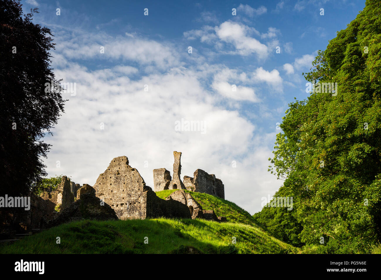 UK, England, Devon, Okehampton, remains of medieval motte and bailey castle Stock Photo