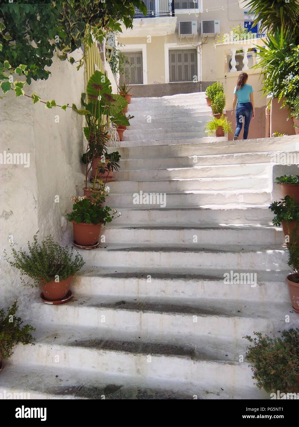 Greece, the island of Poros near Athens.  The old town. Steep whitewashed staircases Stock Photo