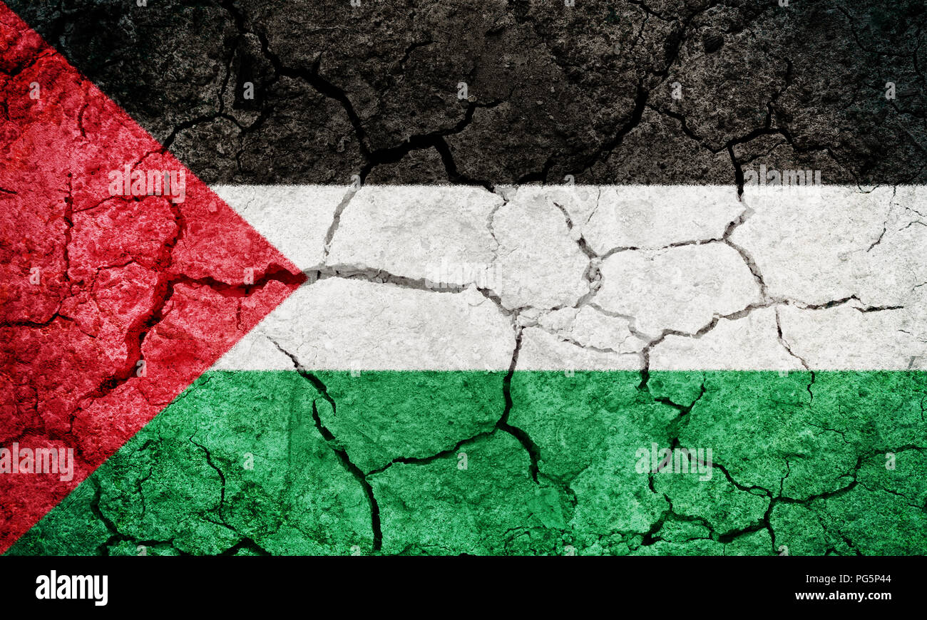 State of Palestine flag on dry earth ground texture background Stock Photo
