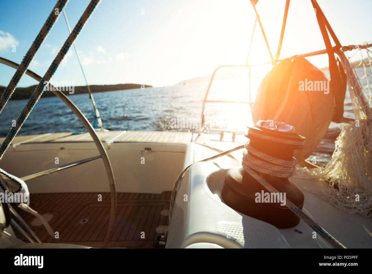 Sailboat with winch and rope on deck Stock Photo