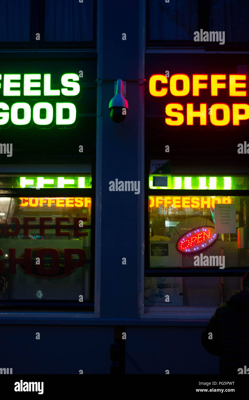 Neon dispay of a coffe shop (legal cannabis) in Amsterdam (Netherlands) Stock Photo