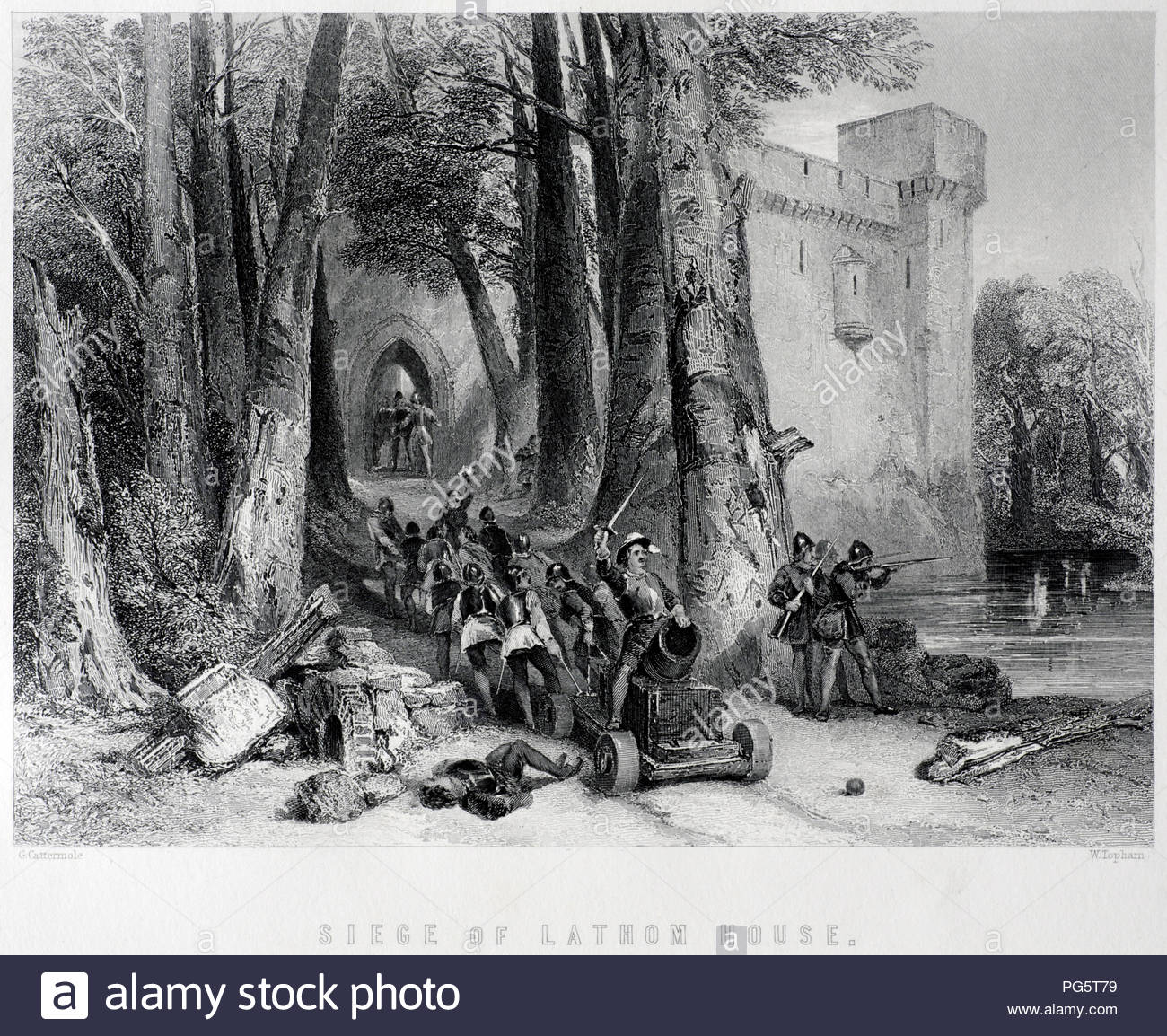 The Siege of Lathom House was a military confrontation between a Parliamentarian army and a Royalist stronghold in Lathom near Ormskirk in Lancashire, during the First English Civil War. The first lasted from late February to late May 1644, when the siege was lifted. The second siege took place a year later from July to December 1645. Lathom House was captured and slighted. Illustration from the 1800s. Stock Photo