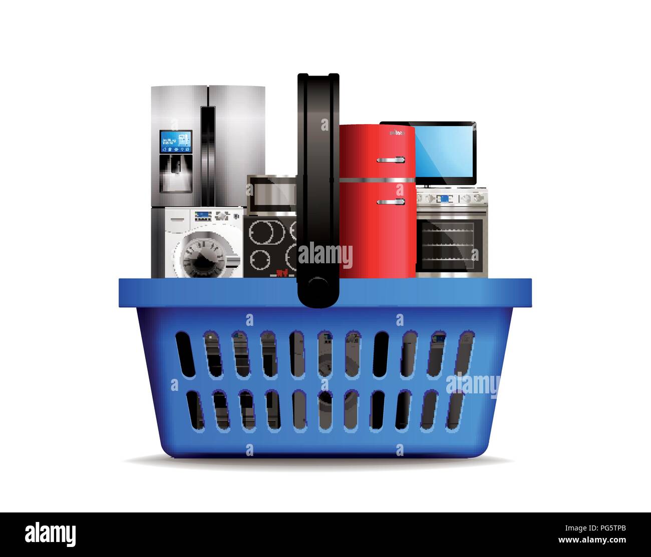 Shopping basket full of kitchen household appliances like freezer, wash machine, tv, dishwasher, gas and induction stove Stock Vector