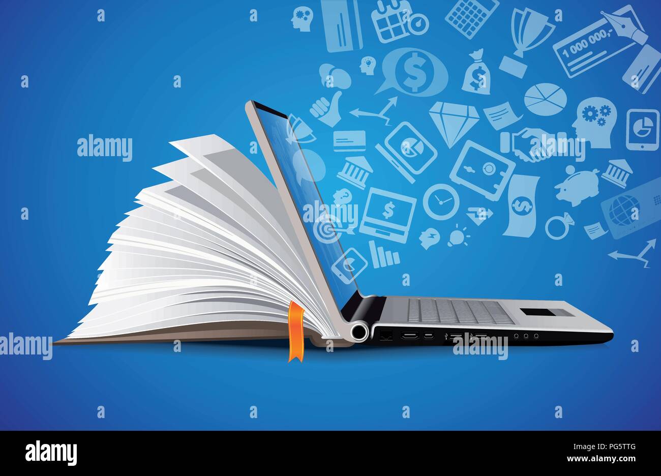 Computer as book knowledge base concept - laptop as elearning idea Stock Vector