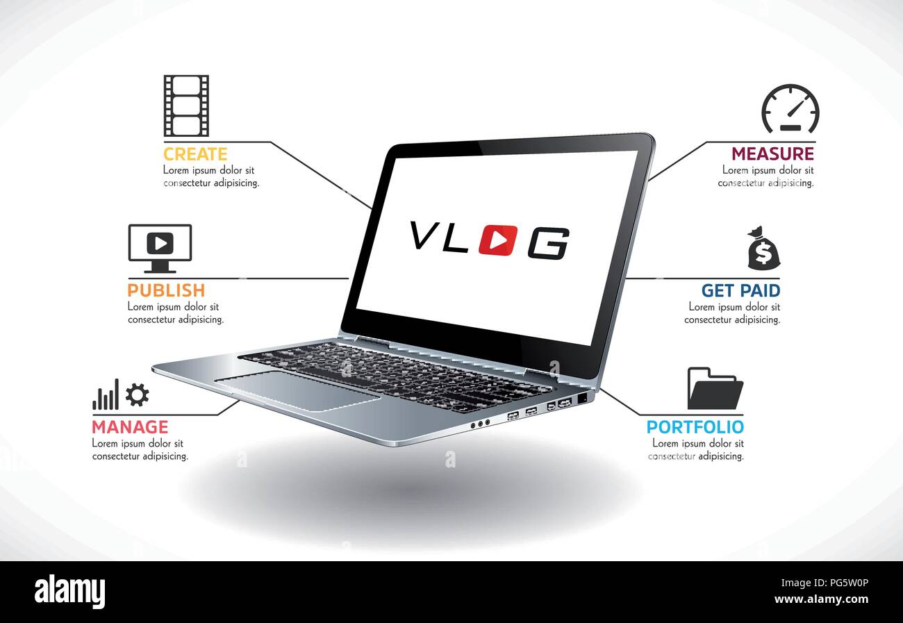 Laptop as video blog concept - vlog recording and publishing Stock Vector
