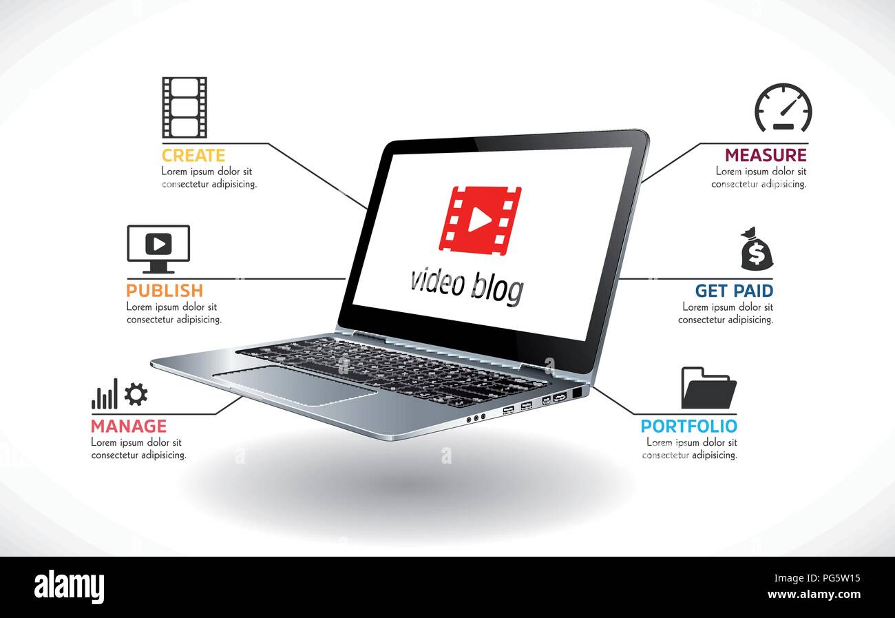 Laptop as video blog concept - vlog recording and publishing Stock Vector