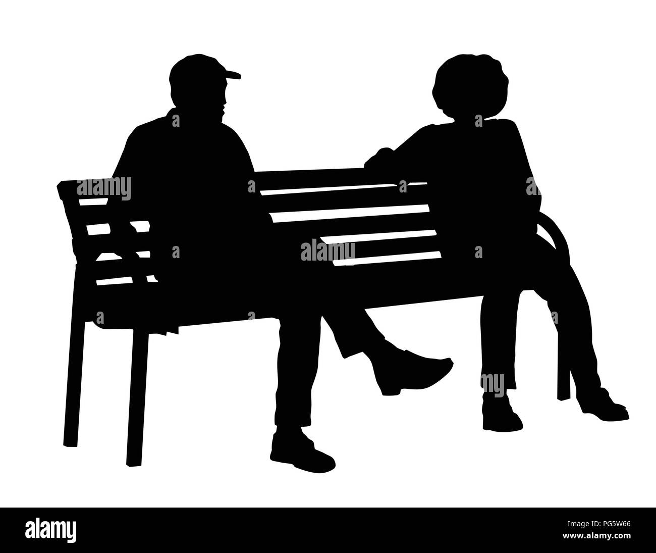 Two persons silhouettes sitting on a bench on white background, vector illustration Stock Vector