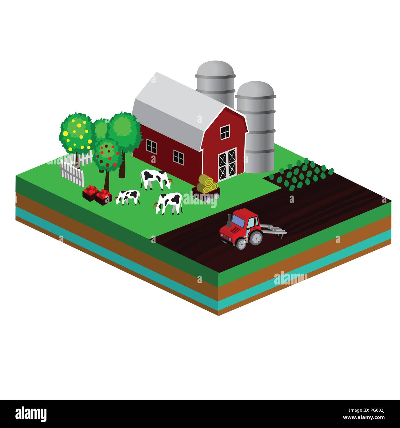Isometric Red Barn And Trees cows vector illustration Stock Vector ...