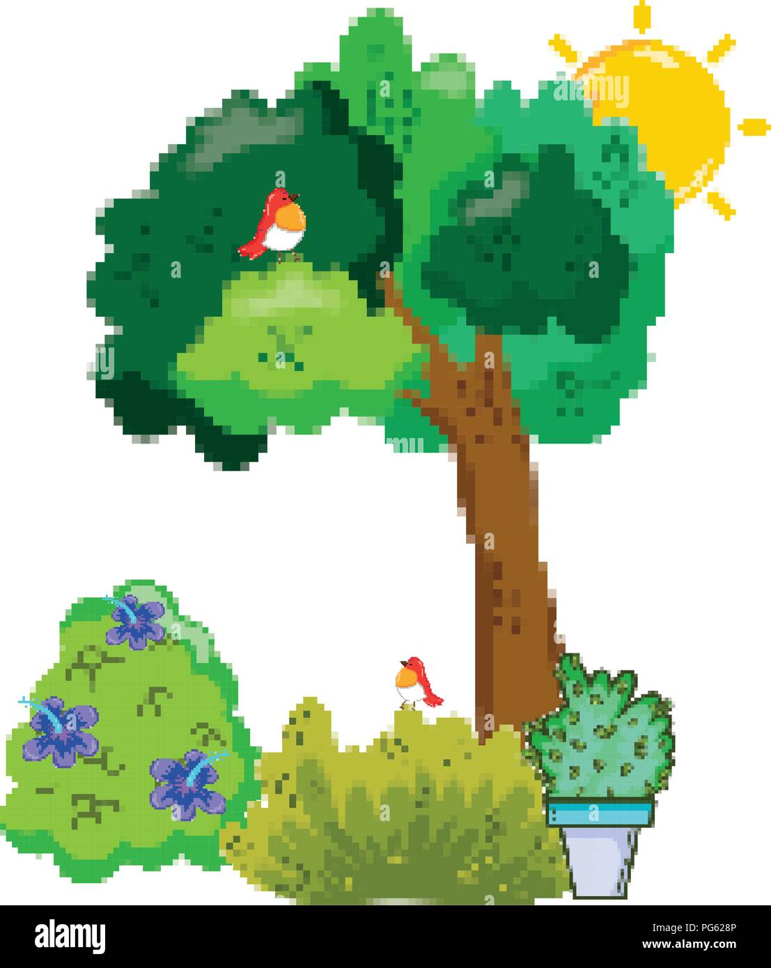 pixelated birds in the trees and farm plants Stock Vector Image & Art ...