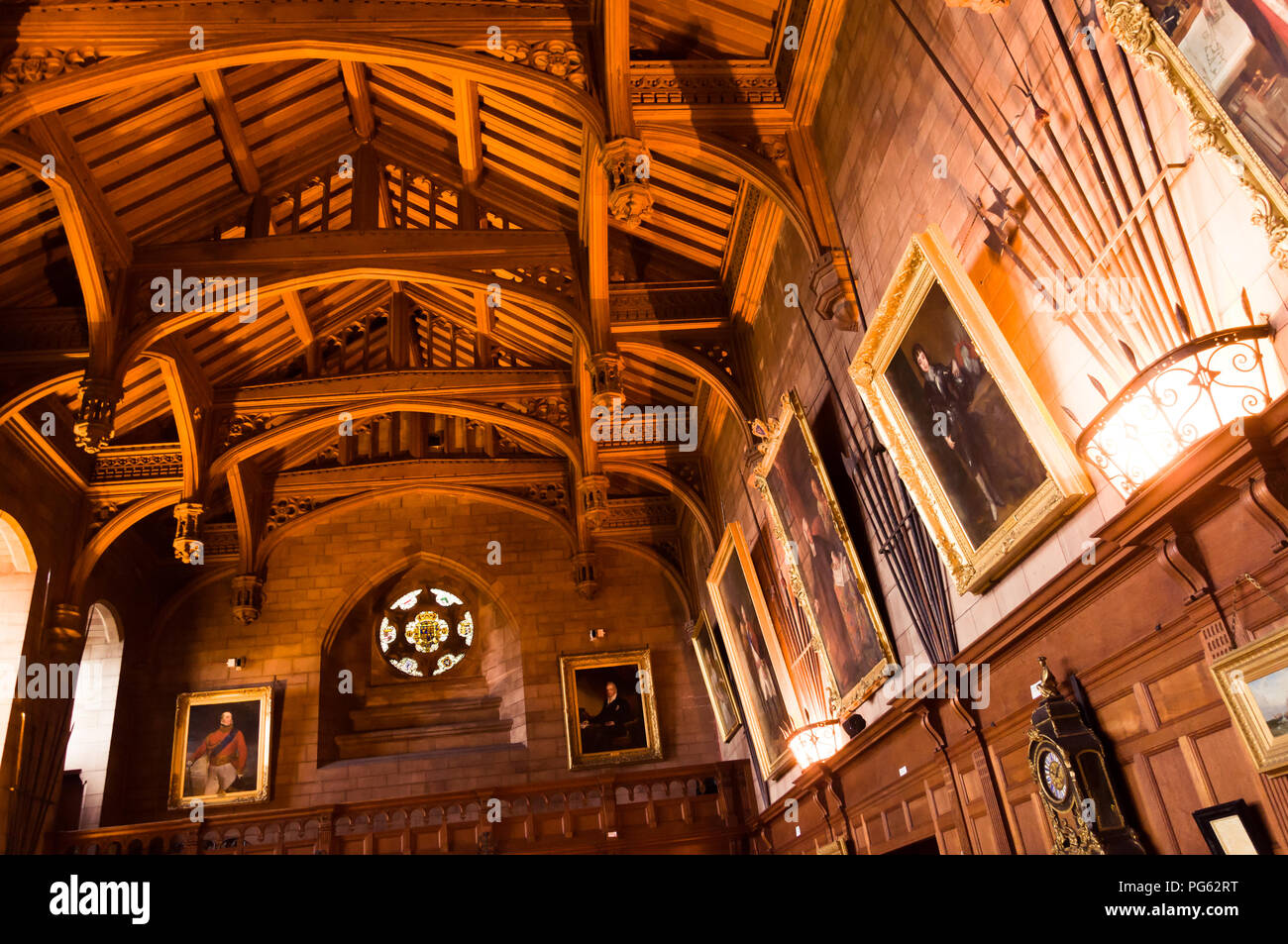 The King's Hall, Victorian era and built from teak wood in Bamburgh Castle, Northumberland, England, UK Stock Photo