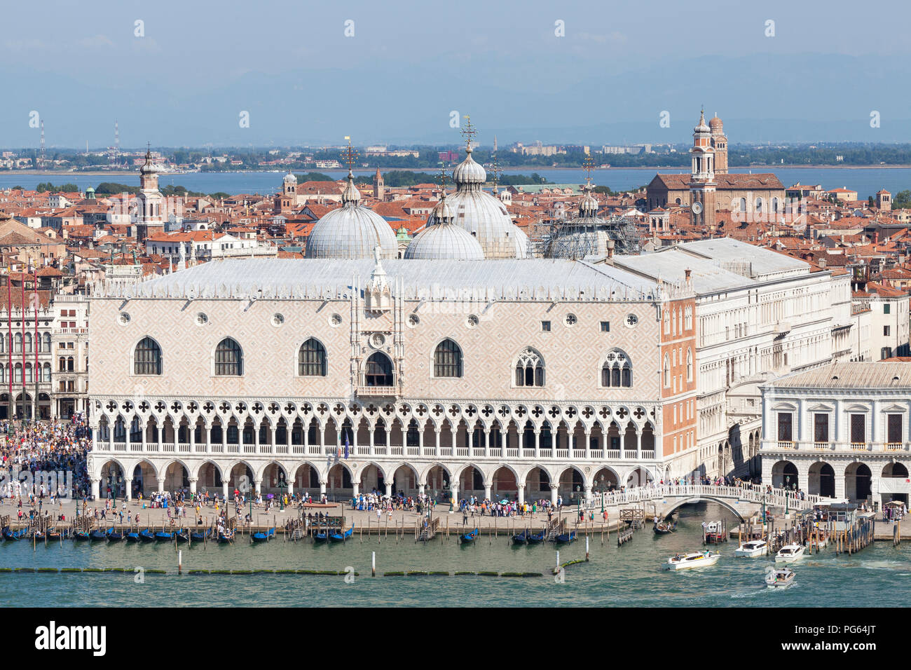 Aerial view of the exterior facade of Doges Palace,  Palazzo Ducale, Ducal Palace, San Marco, Venice, Veneto, Italy with a view to the mainland and Me Stock Photo