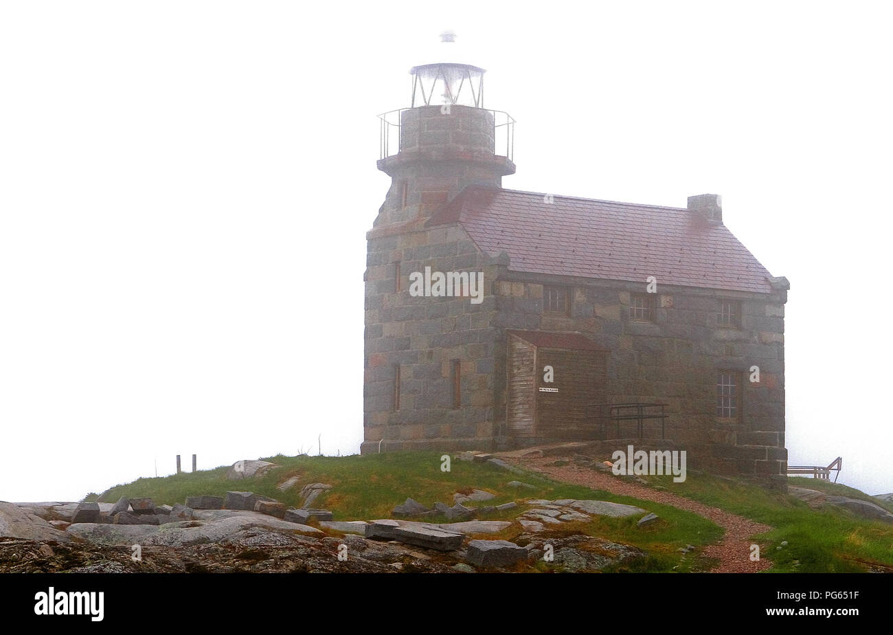 Rose Blanche Lighthouse, foggy day at Rose Blanche Harbour Stock Photo