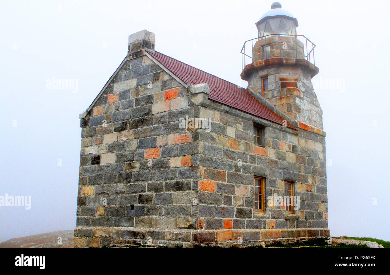 Rose Blanche Lighthouse, foggy day at Rose Blanche Harbour Stock Photo