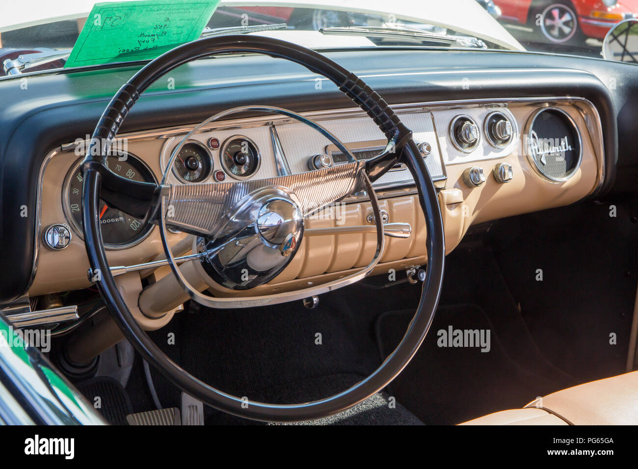 MATTHEWS, NC - September 4, 2017:  Interior of a 1956 Plymouth Fury on display at the Matthews Auto Reunion & Motorcycle Show. Stock Photo