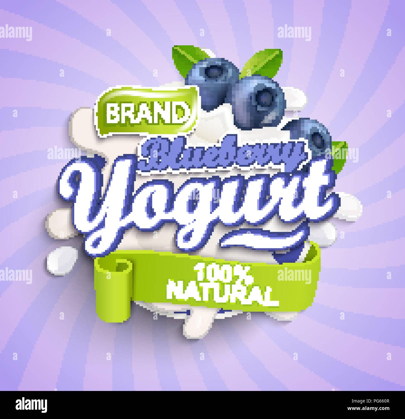 Natural and fresh Blueberry Yogurt label splash on sunburst background for your brand, logo, template, label, emblem for groceries, agriculture stores, packaging and advertising. Vector illustration. Stock Vector