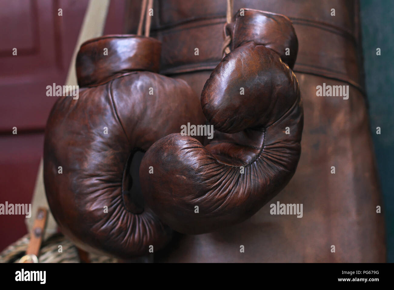 Retro style brown leather boxing gloves Stock Photo Alamy