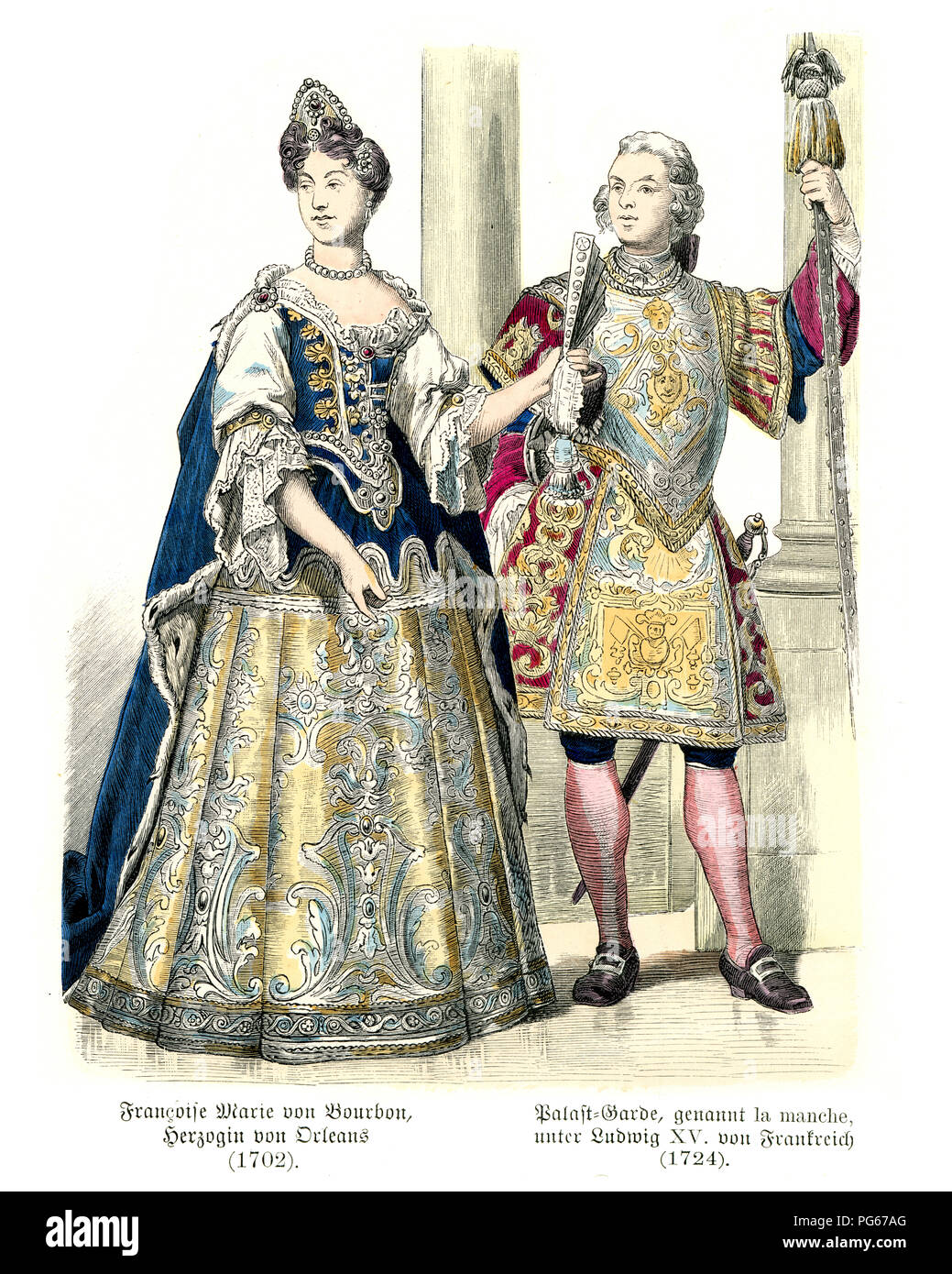 Fashion of 18th Century France, Francoise Mary of Bourbon, Duchess of Orleans, 1702 and Palace guards under Louis XV, 1724 Stock Photo