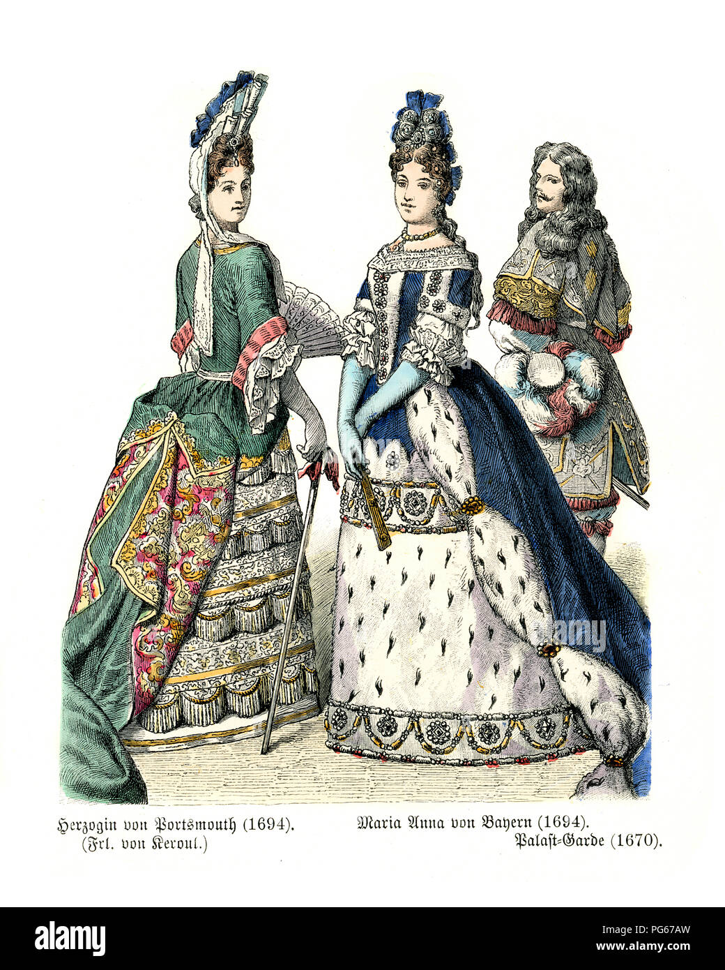 Fashion of late 17th Century France, Duchess of Portsmouth, and Marie Anna of Bavaria 1694 and Palace Guard 1670 Stock Photo