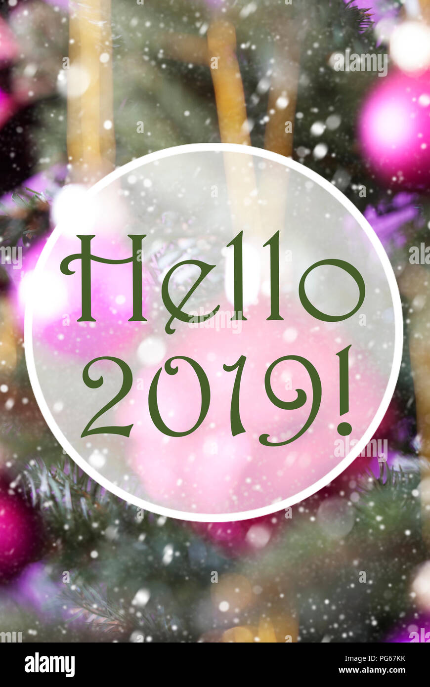 Vertical Rose Quartz Balls, English Text Hello 2019 Stock Photo