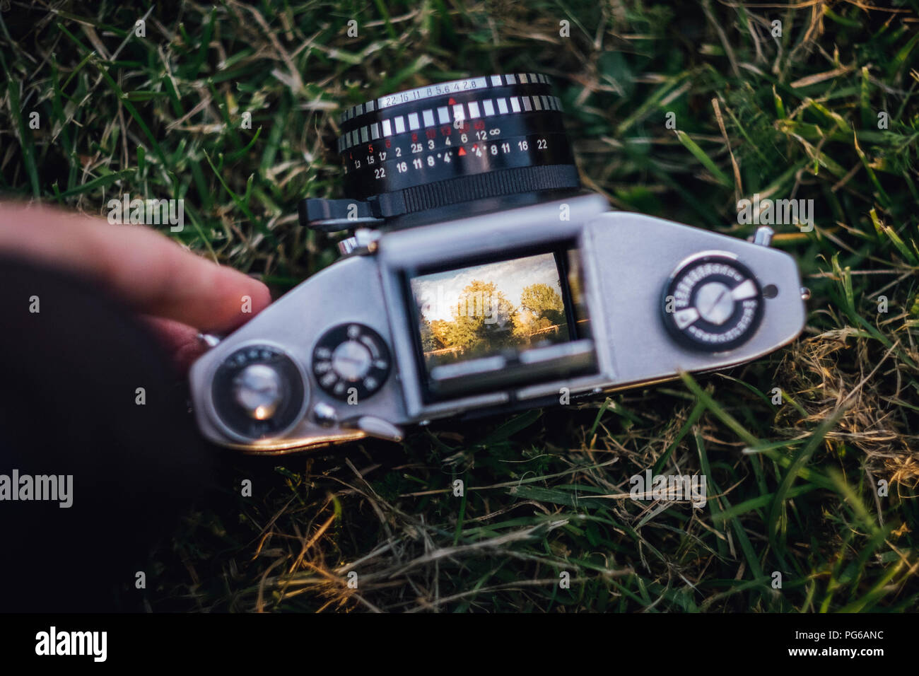 Analogue camera lying on grass Stock Photo