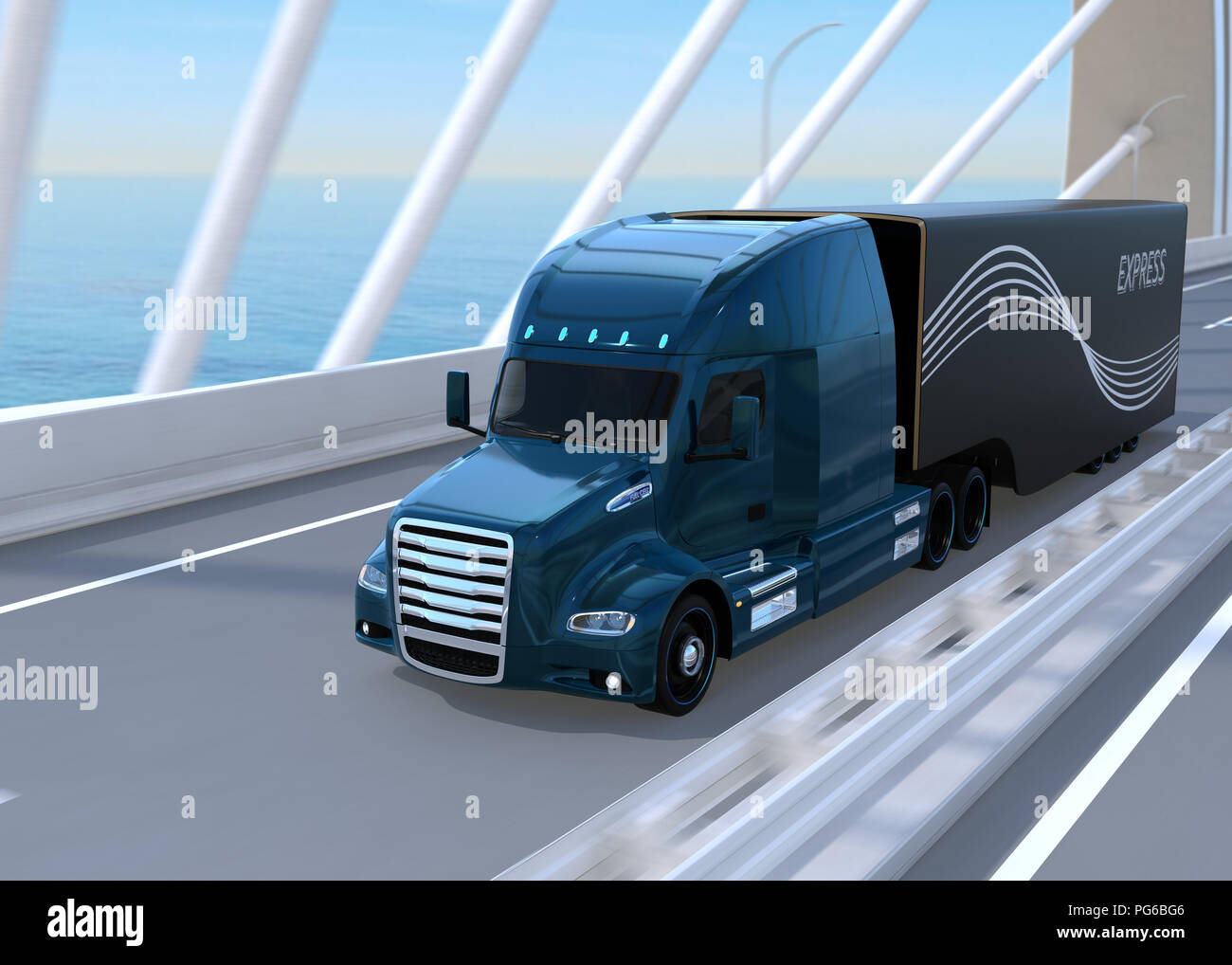 Metallic blue Fuel Cell Powered American Truck driving on highway. 3D rendering image. Stock Photo