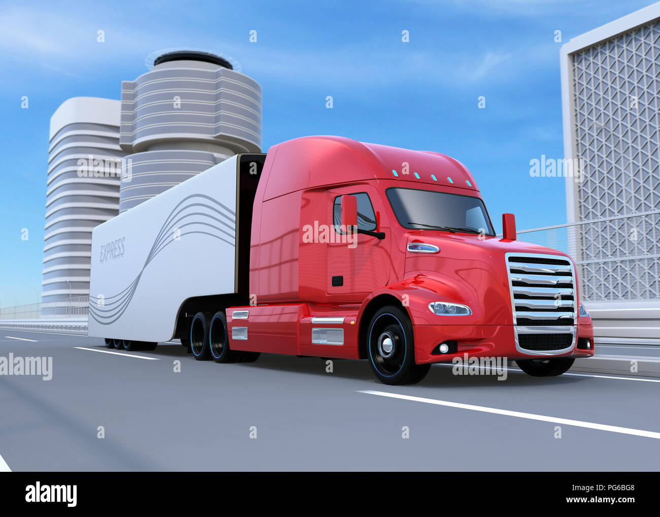 Metallic red Fuel Cell Powered American Truck driving on highway. 3D rendering image. Stock Photo