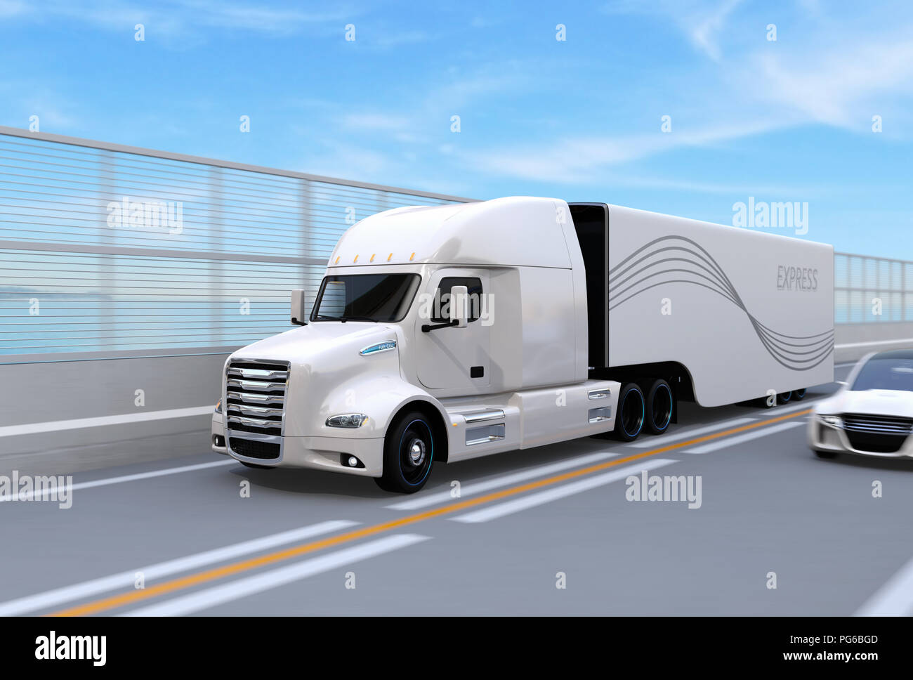 whitee Fuel Cell Powered American Truck driving on highway. 3D rendering image. Stock Photo