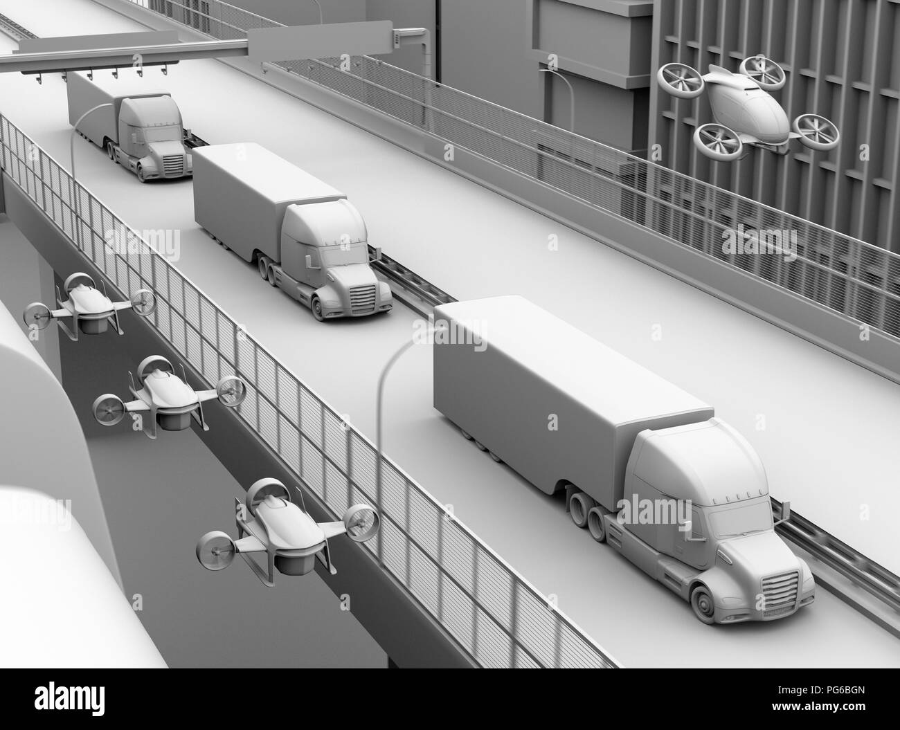 Clay rendering of American Trucks, cargo drones and flying car. Logistics and transportation concept. 3D rendering image. Stock Photo