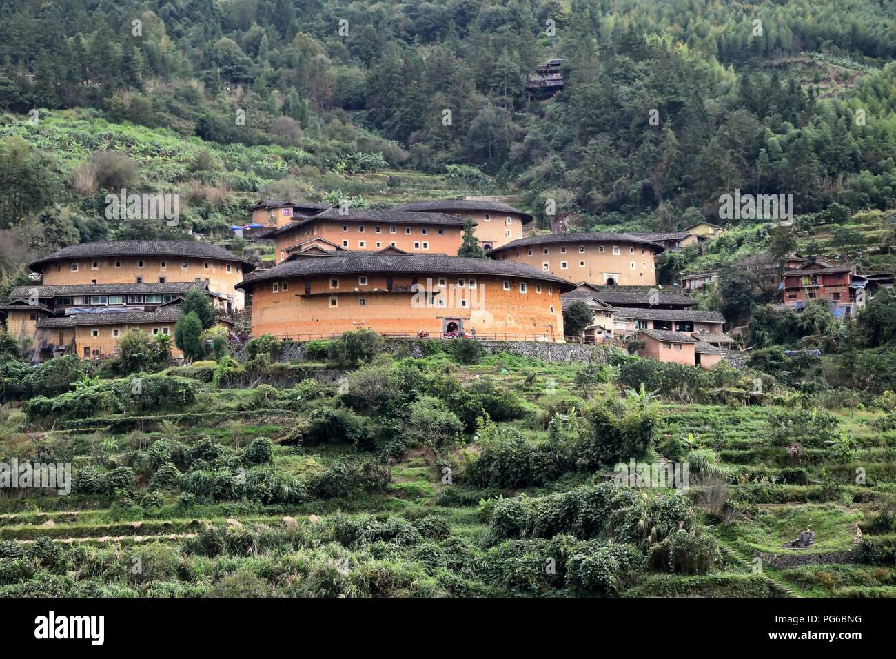 The Fujian Tulou, the Chinese rural earthen dwelling unique to the Hakka minority in Fujian province in China. Stock Photo