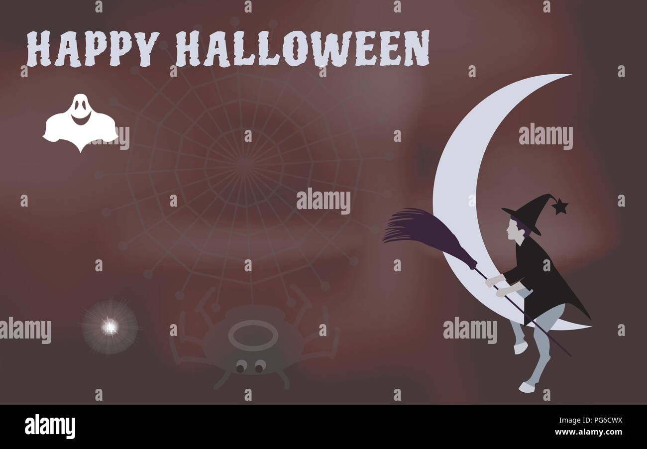 Vector illustration of a witch with a broom to ride on the moon, come ...