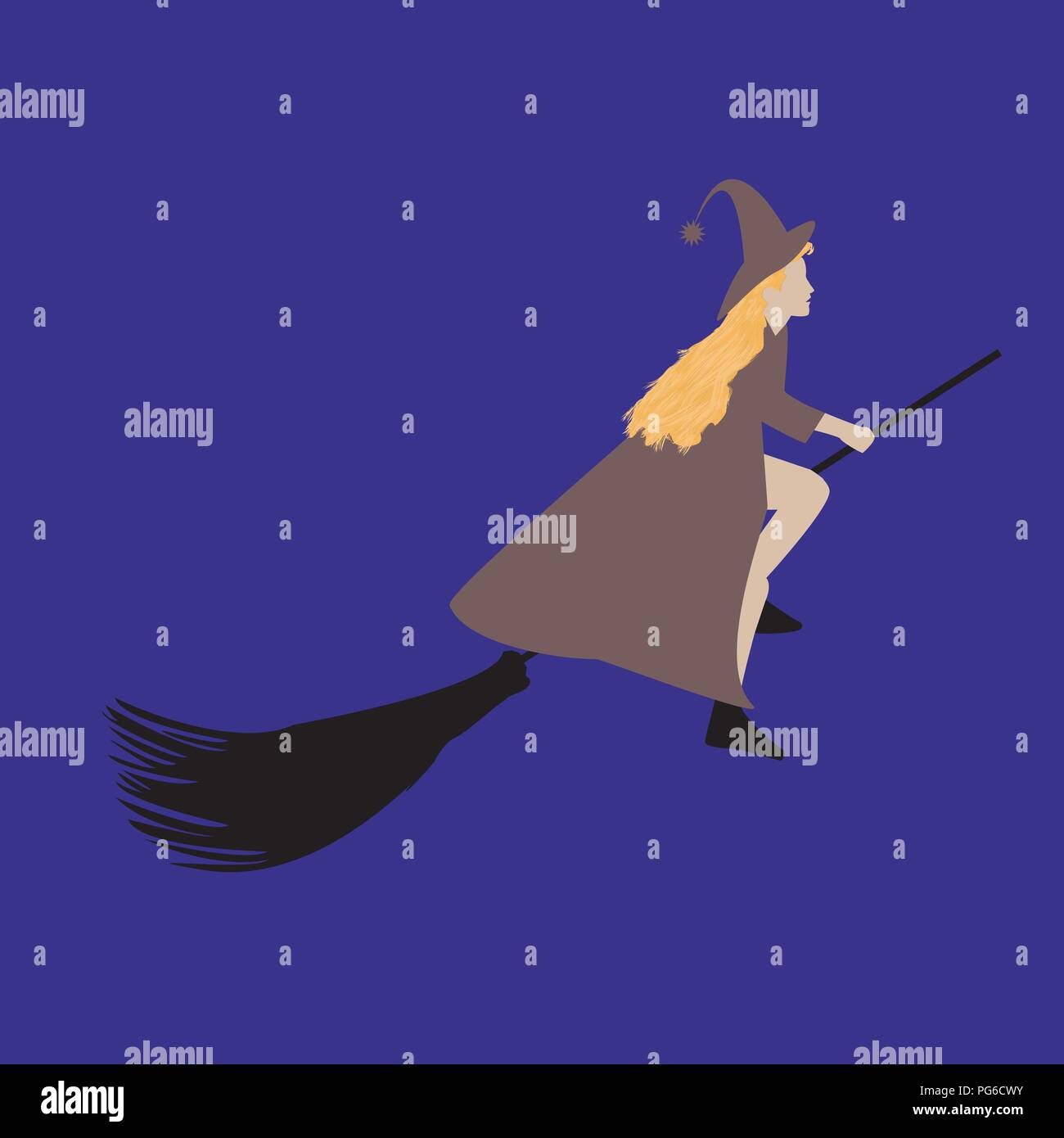 Vector illustration of a witch flying on a broom on Halloween, flat ...