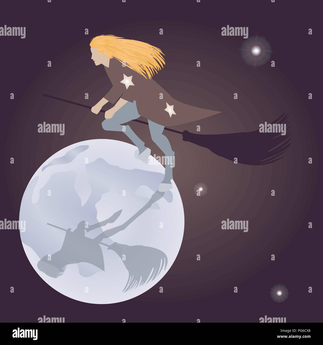 Vector illustration of a witch on a broomstick flying halloween holiday ...