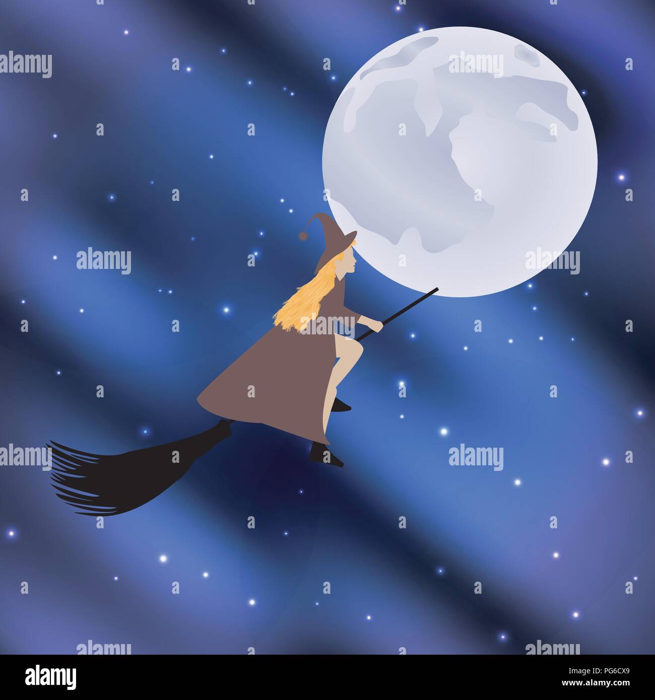 Vector illustration of a witch on a broomstick flying halloween holiday ...