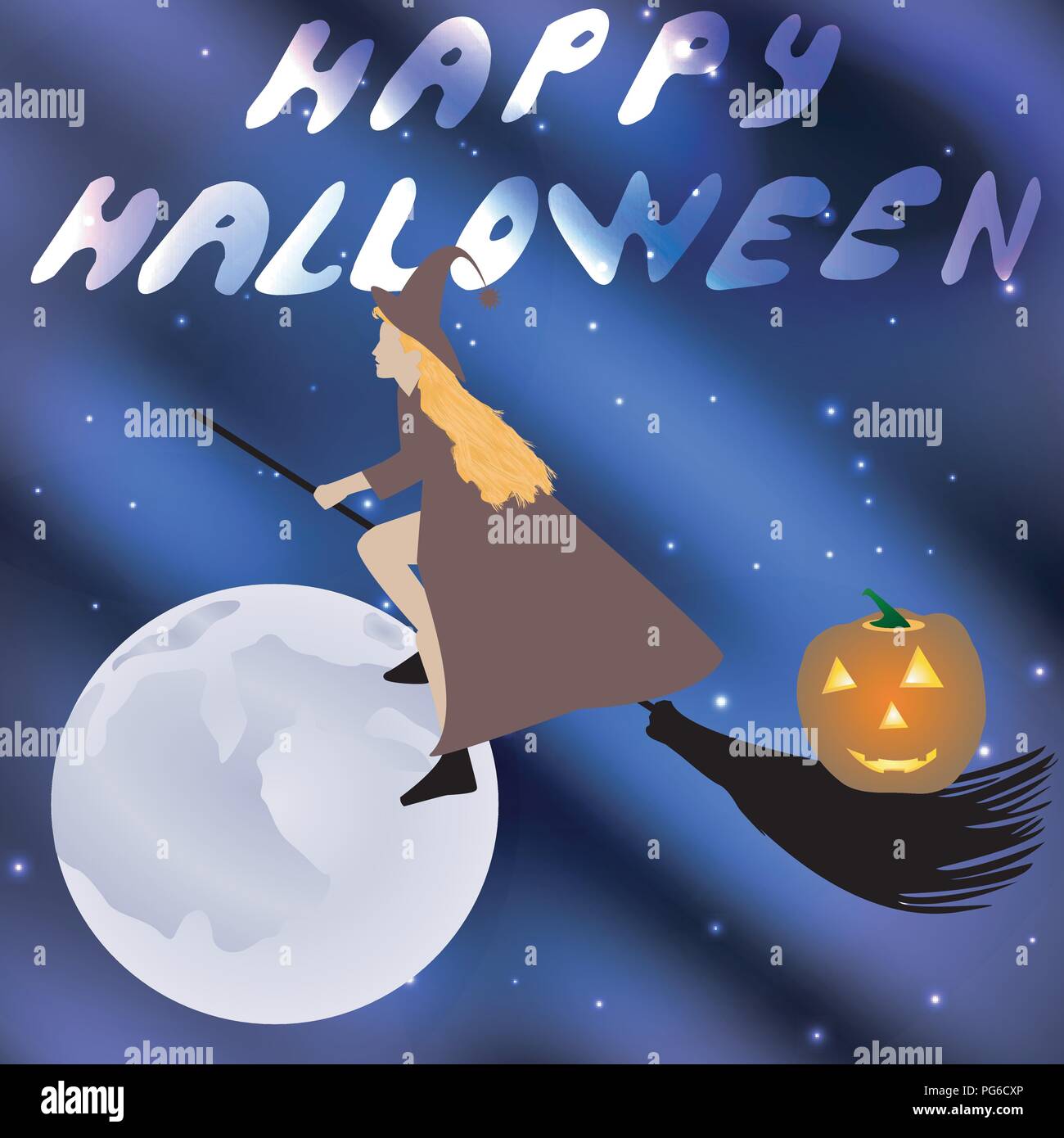 Vector illustration of a witch on a broomstick flying halloween holiday ...