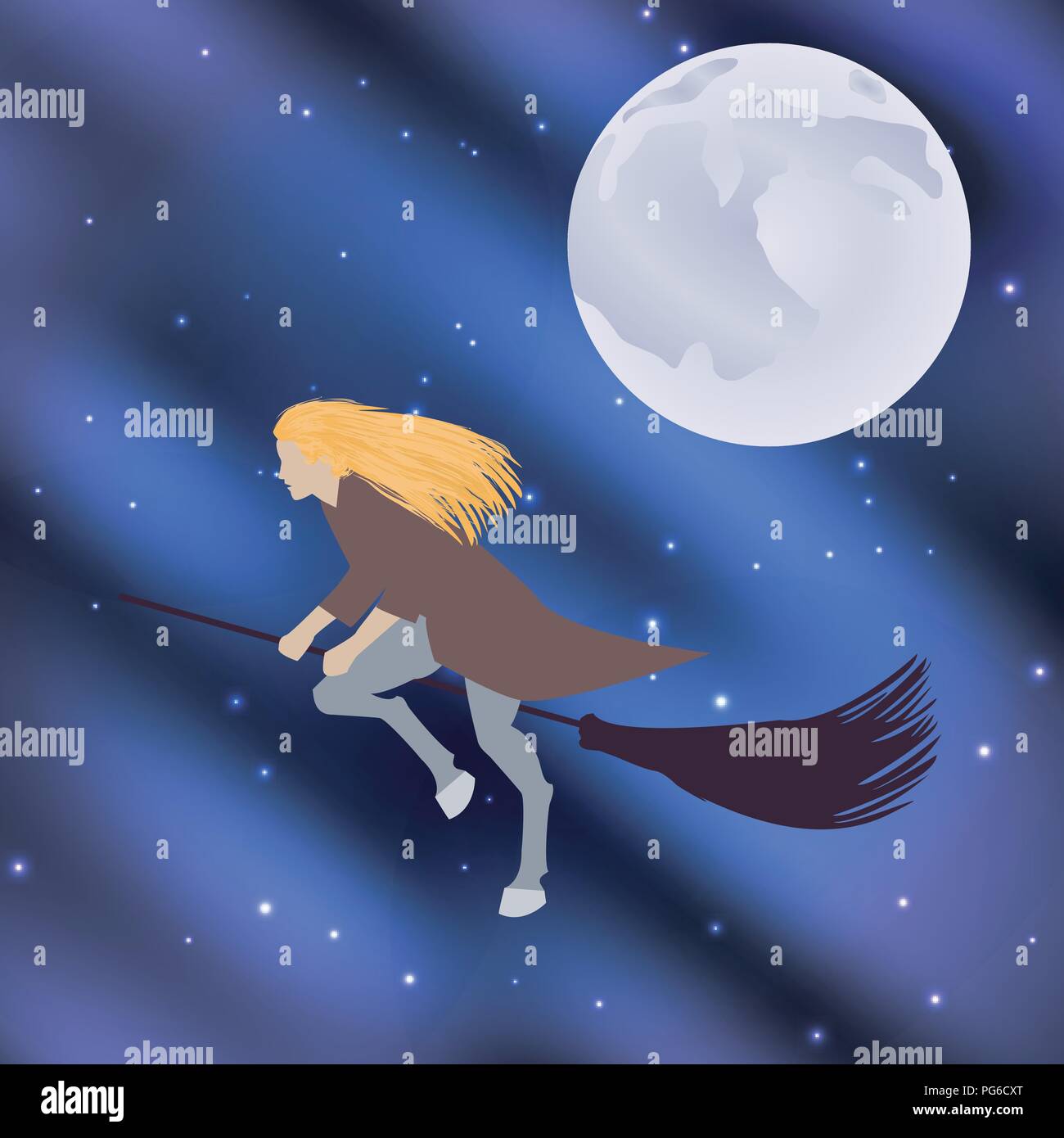 Vector illustration of a witch on a broomstick flying halloween holiday ...