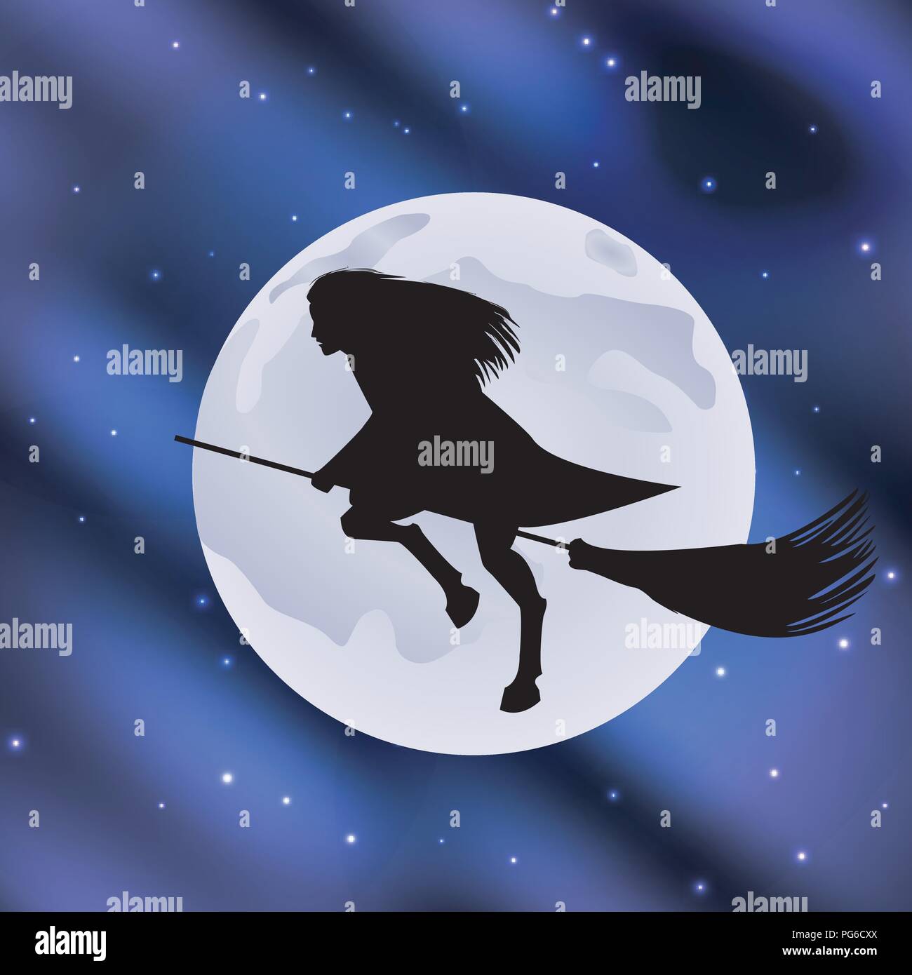 Vector illustration of a witch on a broomstick flying halloween holiday ...